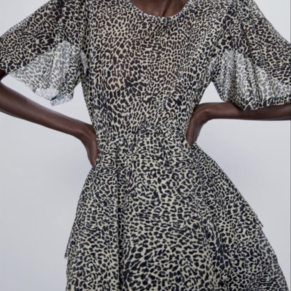 Zara Leopard Animal Print Mesh Tulle Tiered Dress